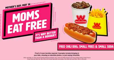 Chili Dog, Fry & Soda for Free for Moms at Wienerschnitzel