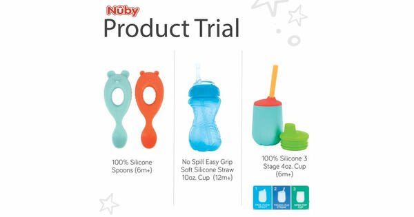 Free Nuby Silicone Spoons, No Spill Flex Straw & 3 Stage Cup!
