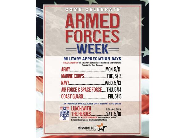 Limited Event: FREE Sandwiches at Mission BBQ for Service Members