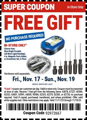 Pick one of three freebies at Harbor Freight This Weekend!