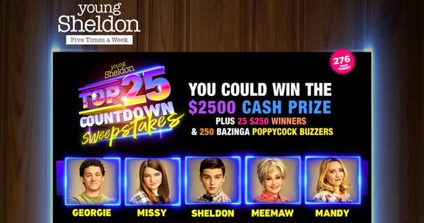 Enter to WIN the Young Sheldon Top 25 Countdown Sweepstakes!